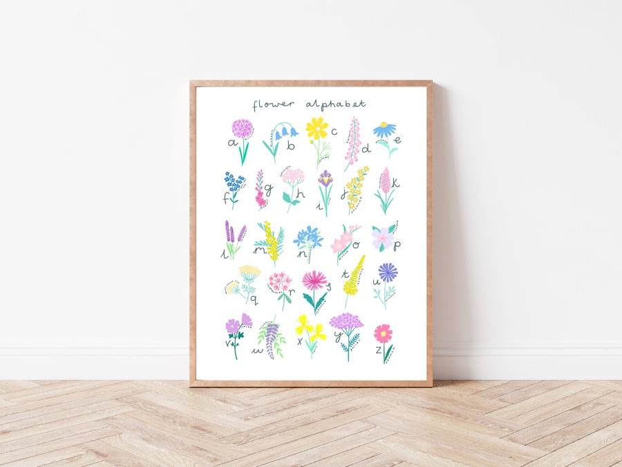Floral alphabet print flowers - Unframed A4.