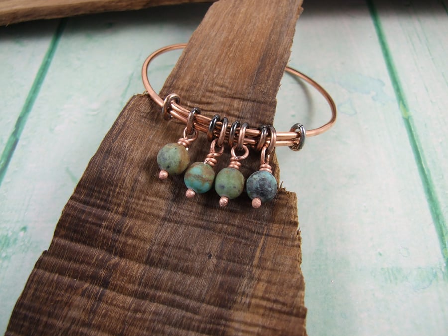 Bangle, Copper and Turquoise BoHo Adjustable Fit Bracelet