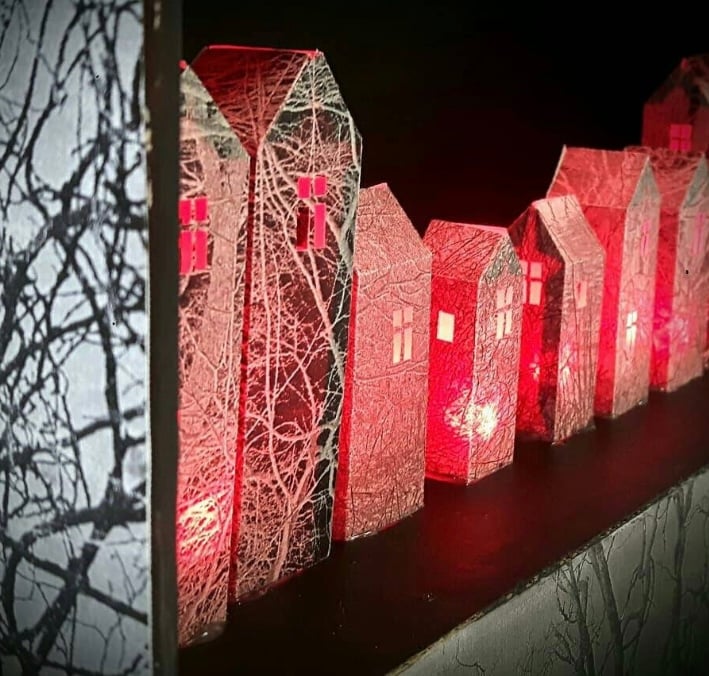 Red Light Up Paper City, Handmade Halloween Sculpture Lamp, Bookshelf Diorama