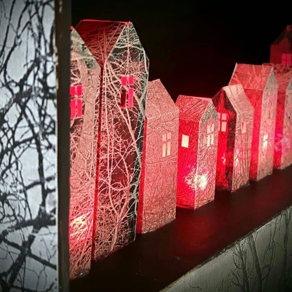 Red Light Up Paper City, Handmade Halloween Sculpture Lamp, Bookshelf Diorama
