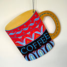 Hand painted decoration, wooden wall hanging coffee mug, original folk art 