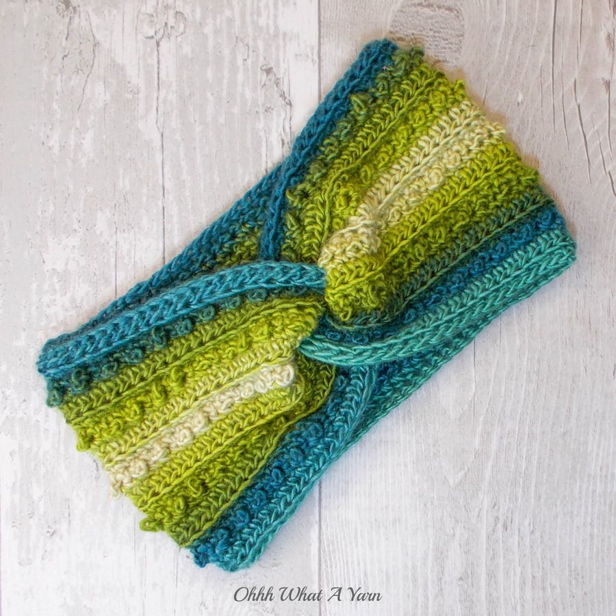 Ladies green, blue and cream twist ear warmer. Crochet ear warmer.