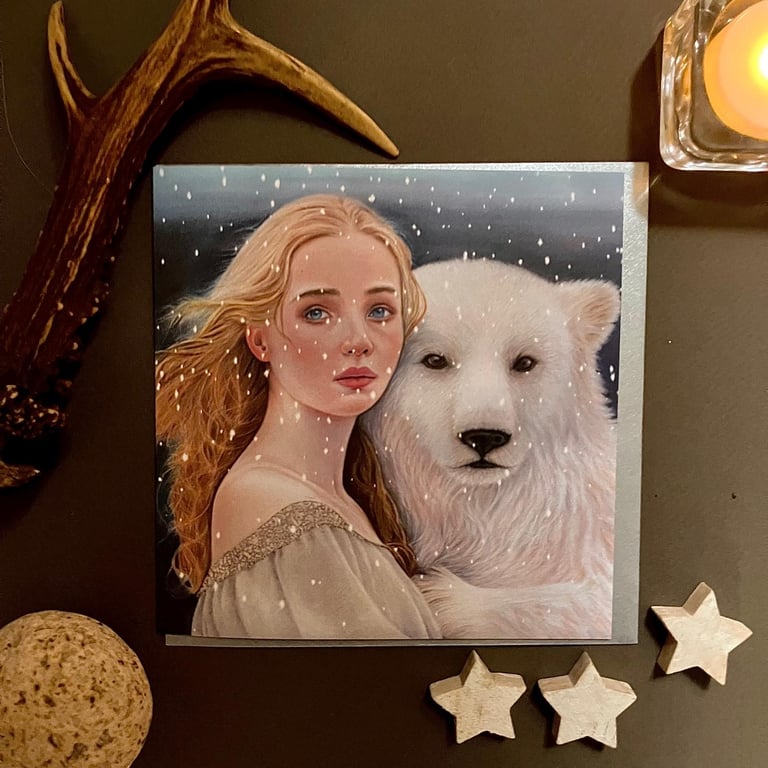 The Snow Seekers Polar Bear and Young Girl Portrait Blank Greeting Card