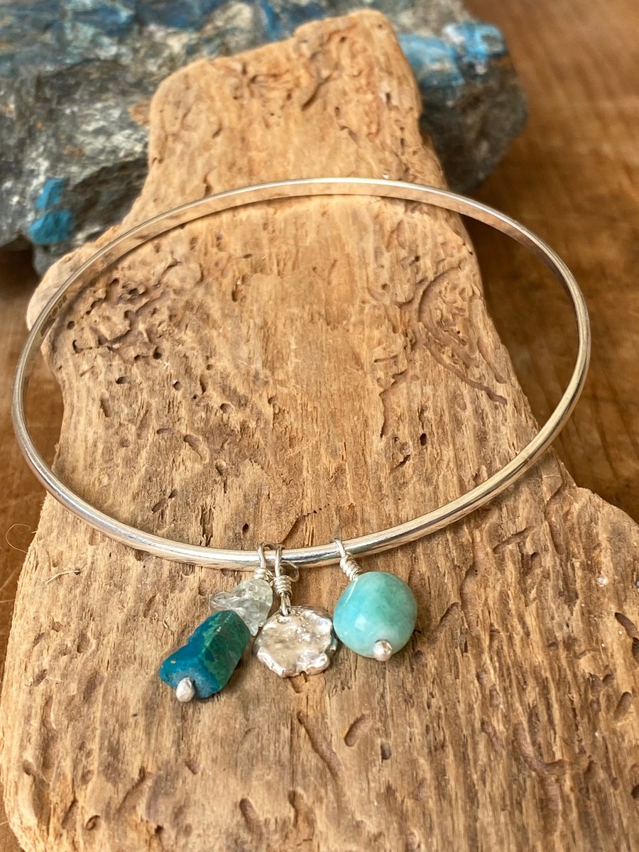 Sterling Silver charm bangle with Chrysocolla, Quartz, Amazonite & silver nugget