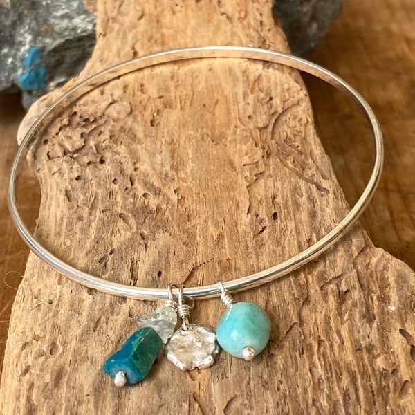 Sterling Silver charm bangle with Chrysocolla, Quartz, Amazonite & silver nugget