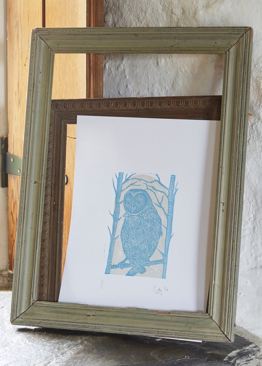  Owl and Stars (Blue) limited edition Lino print