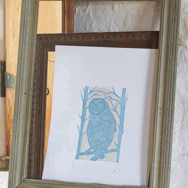 Owl and Stars (Blue) limited edition Lino print