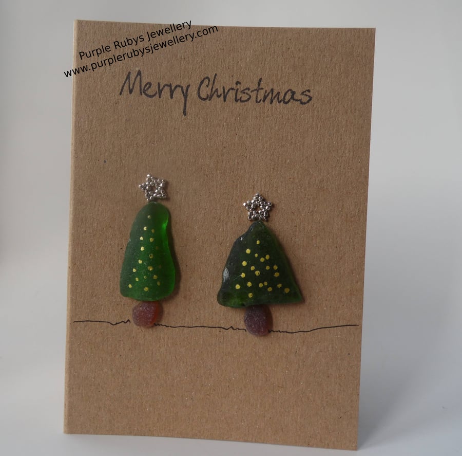 Sea Glass Christmas Trees with Gold Lights Christmas Card C256