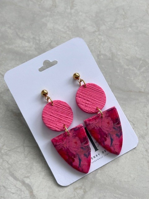 Handmade Polymer Clay Statement Drop Earrings – Pink Floral Shield Design