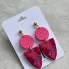 Handmade Polymer Clay Statement Drop Earrings – Pink Floral Shield Design
