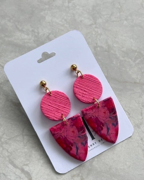 Handmade Polymer Clay Statement Drop Earrings – Pink Floral Shield Design