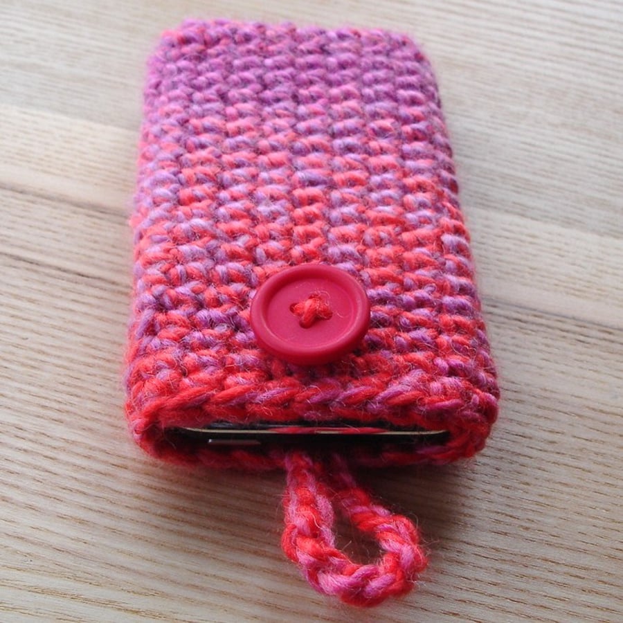 Crochet Mobile Phone Cosy with Button in Pink Purple