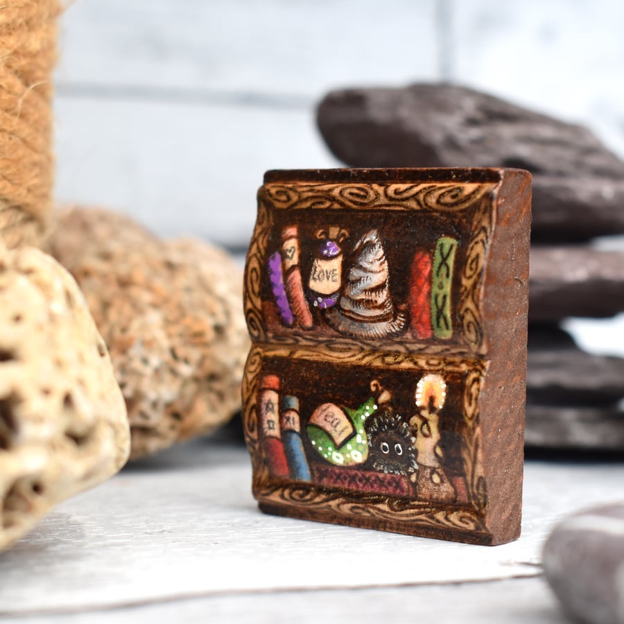 The Witch's bookshelf brooch. Pyrography book shaped wooden pin. 