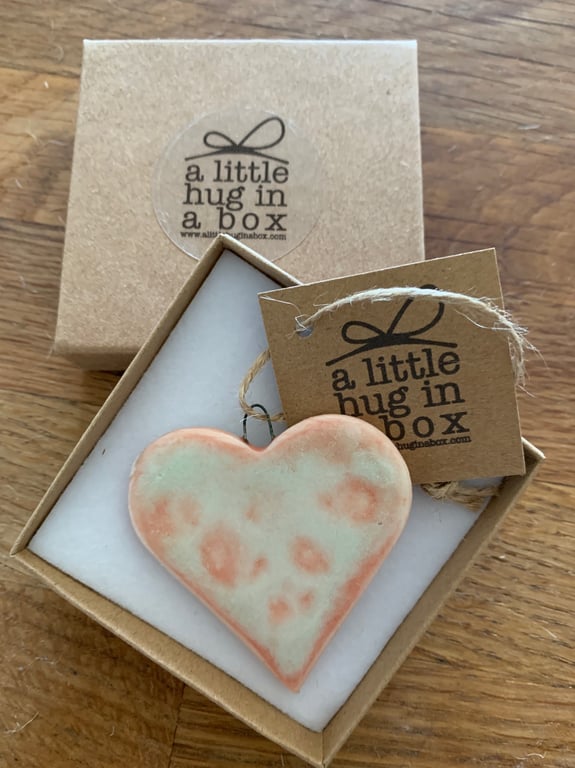  A Little Hug in a Box Hand Made Peach Speckled Porcelain Heart  