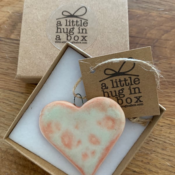  A Little Hug in a Box Hand Made Peach Speckled Porcelain Heart  