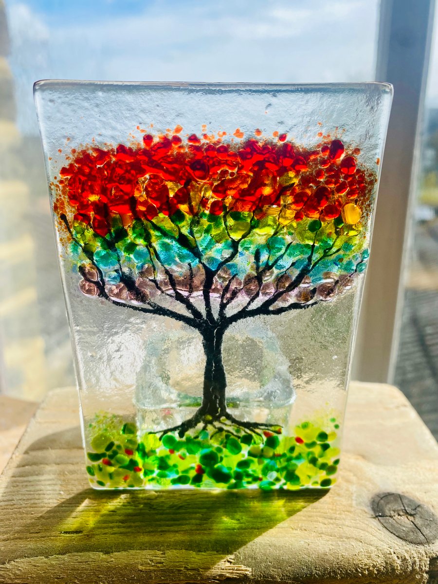 Rainbow Tree of life fused glass tealight candle holder sun catcher 
