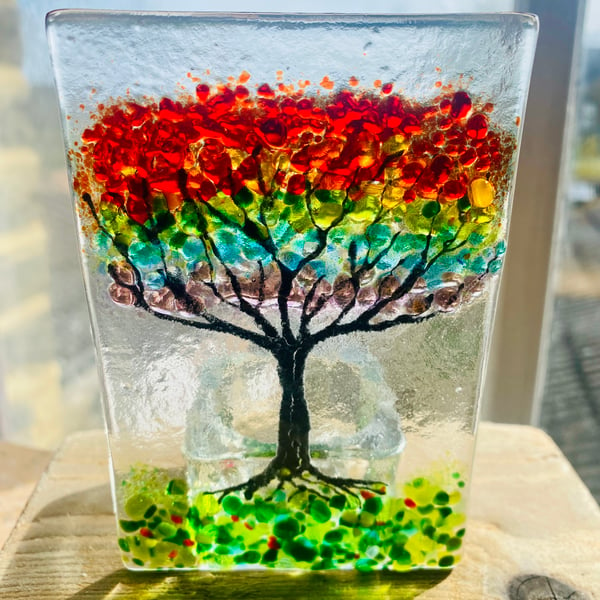 Rainbow Tree of life fused glass tealight candle holder sun catcher 