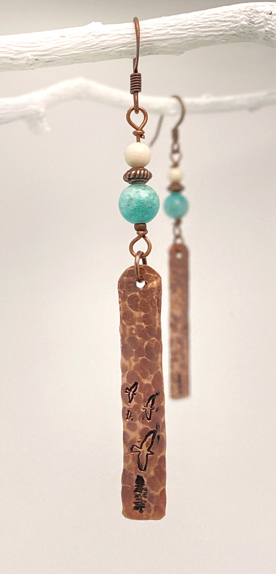  Hammered Copper Earrings Hand Stamped With Flying Birds