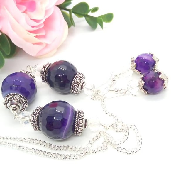Large Purple Agate Bead and Clear Crystal with Bead Caps Jewellery Set, Gift Set
