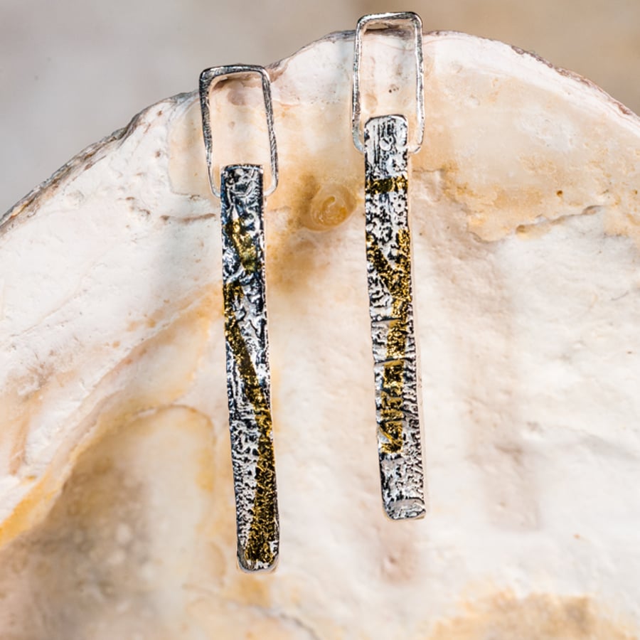 long dangling double ecosilver rectangles with real gold detail 