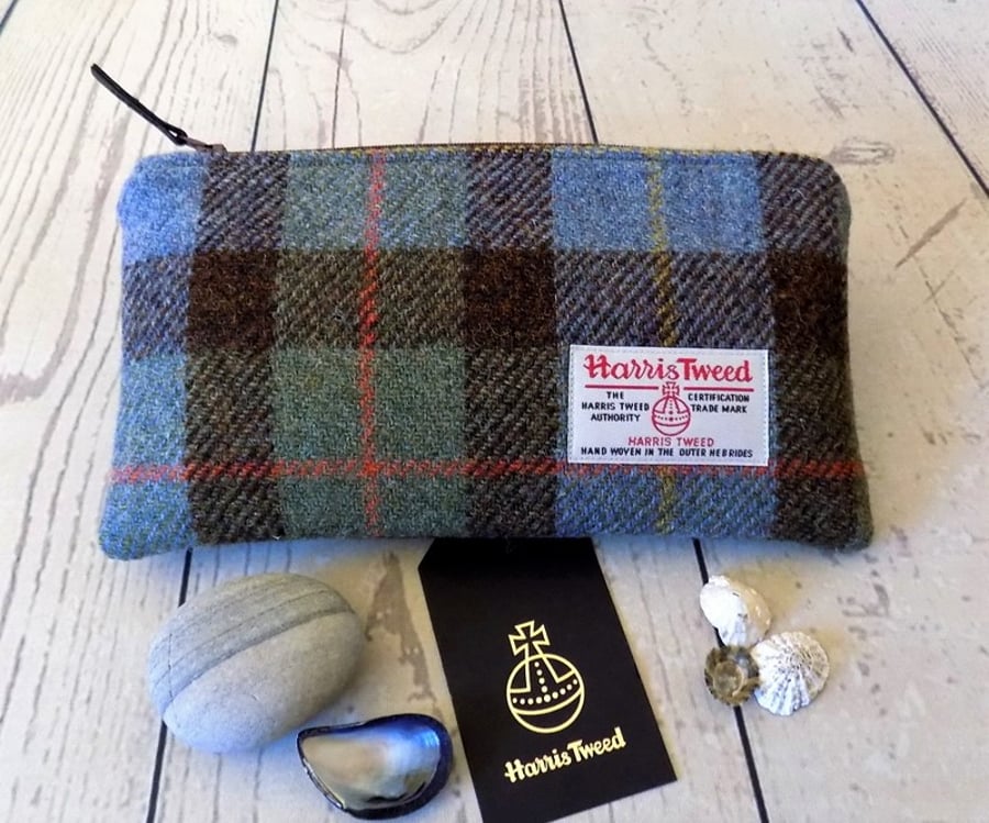 Harris Tweed clutch purse, padded pencil case, makeup bag in Macleod clan tartan