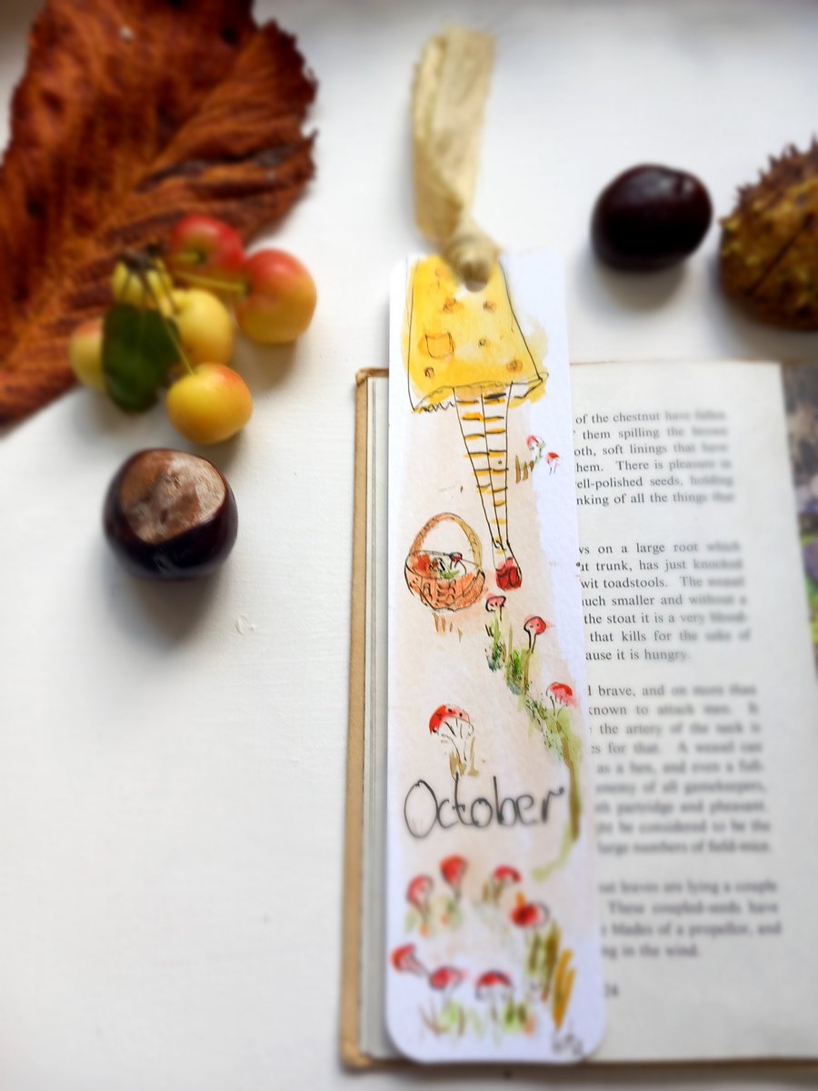  'October' Hand drawn and painted bookmark with silk ribbon '