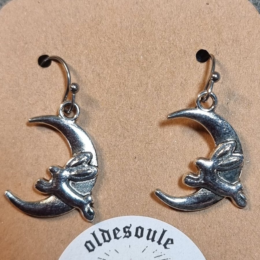 Boho Hippie Handcrafted Earrings Moon and Hare Charm