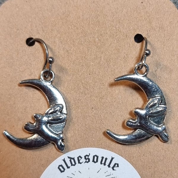 Boho Hippie Handcrafted Earrings Moon and Hare Charm