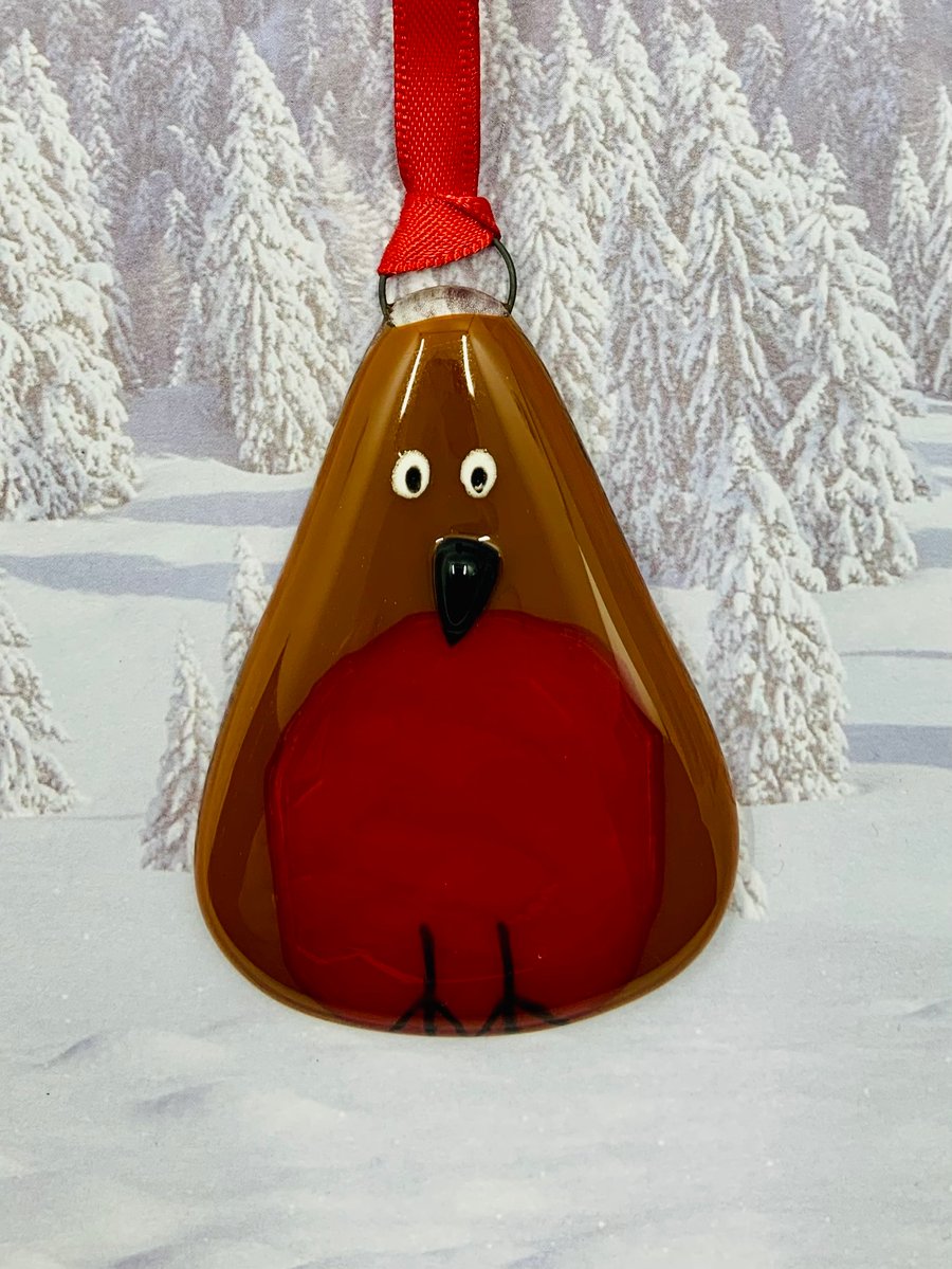 Handmade Fused Glass Robin Hanging Christmas Decoration 