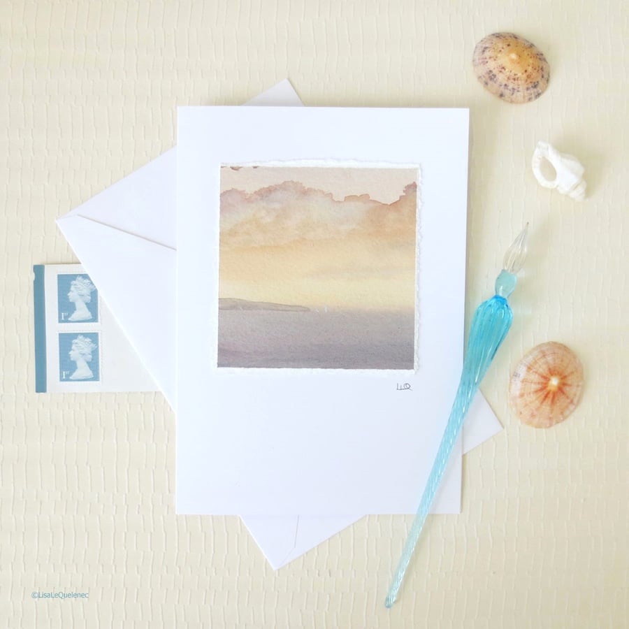 Original watercolour art card sunset sailing blank for your own message