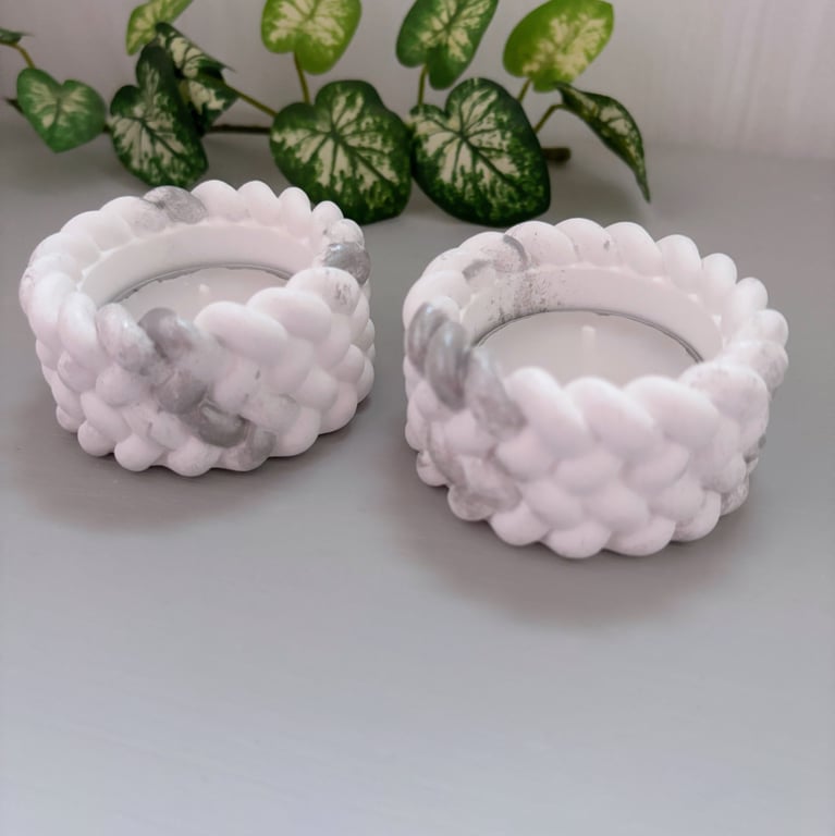 Pair of White and Silver Rope Tealight Holders - Set of 2 Christmas Candle Stand