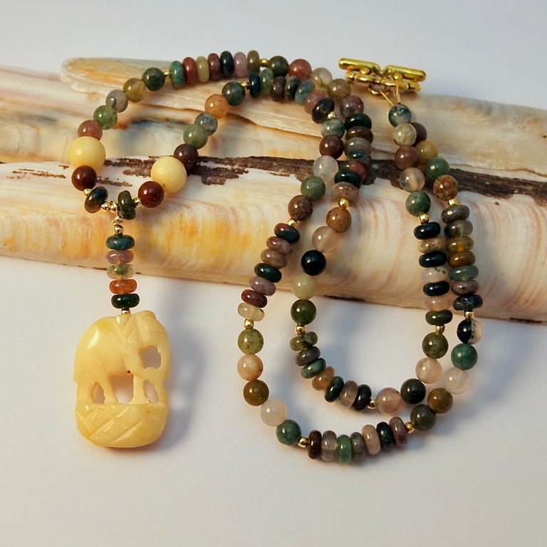 Indian Agate Necklace & Elephant Pendant, Birthday, Anniversary, Gifts For Her