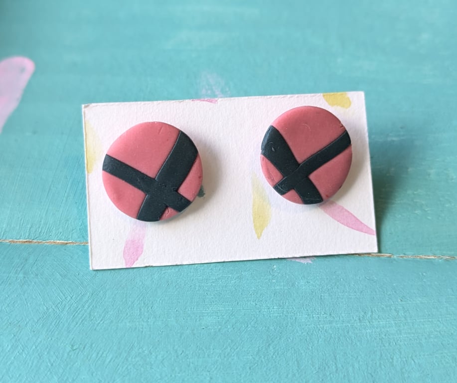 Pink and navy cross  polymer clay earrings