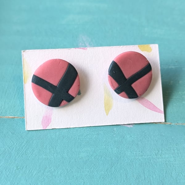 Pink and navy cross  polymer clay earrings