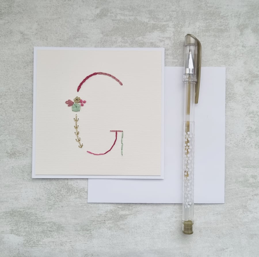 Letter G embroidered card, hand stitched initial card, hand sewn keepsake card