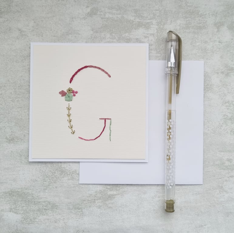 Letter G Embroidered Card, Personalised Bridesmaid Card, Birthday Keepsake