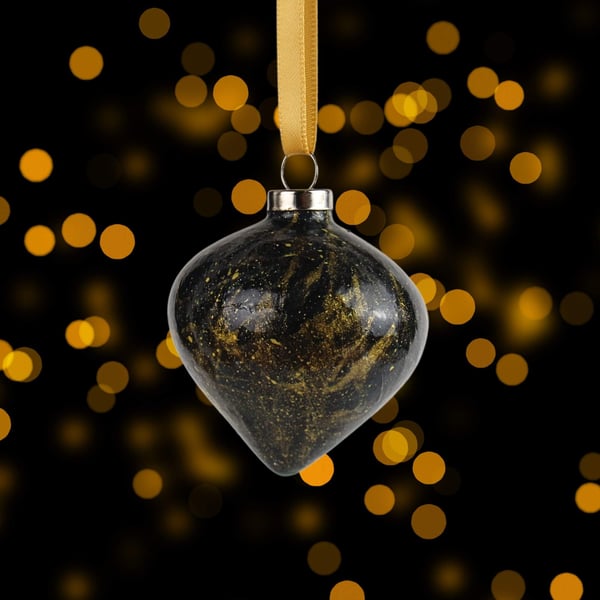 Marbled ceramic Christmas drop bauble black teal and gold 