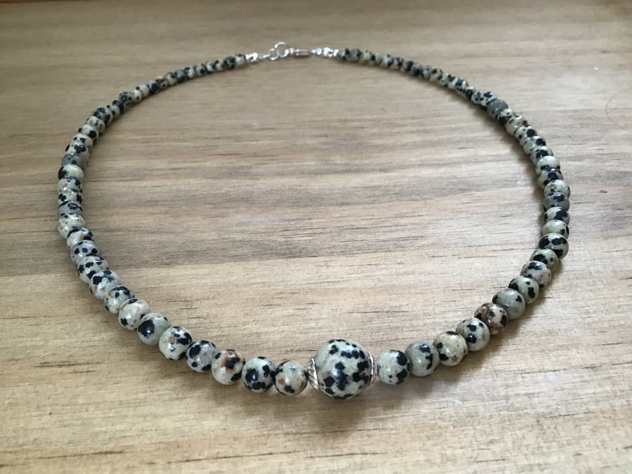 Dalmatian stone semi precious Sterling silver beaded necklace
