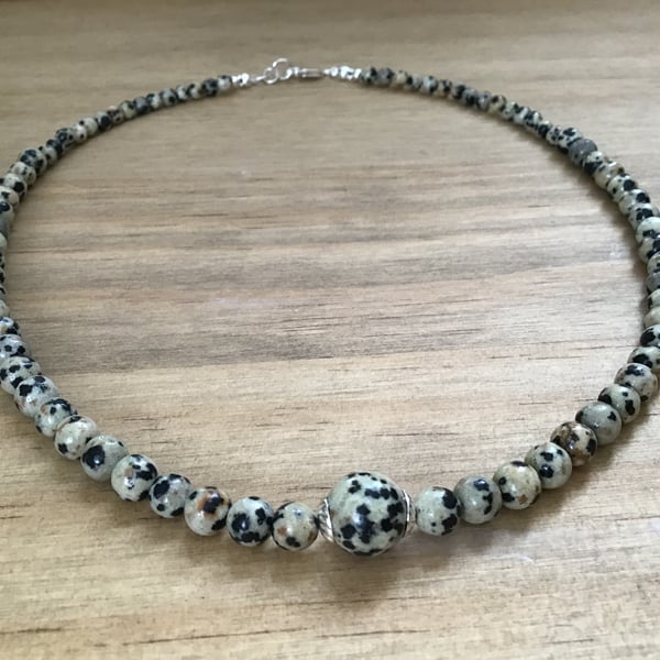 Dalmatian stone semi precious Sterling silver beaded necklace