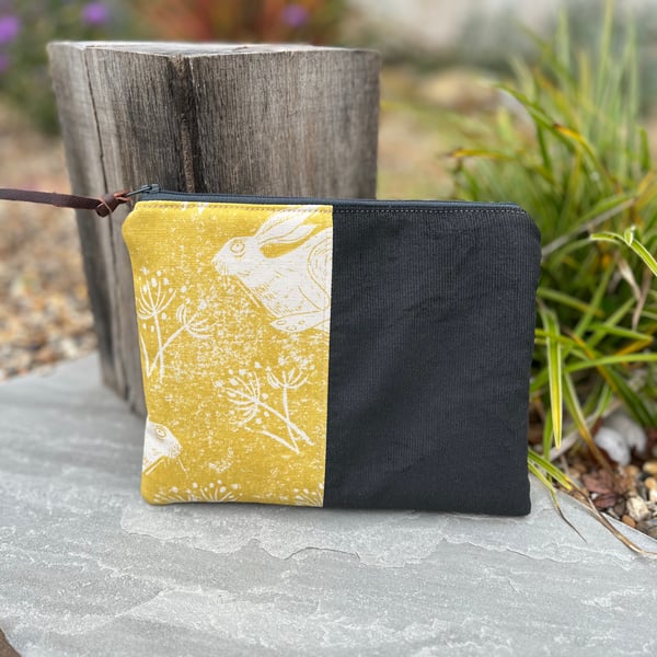 Running hare and needlecord zip pouch with gingham lining