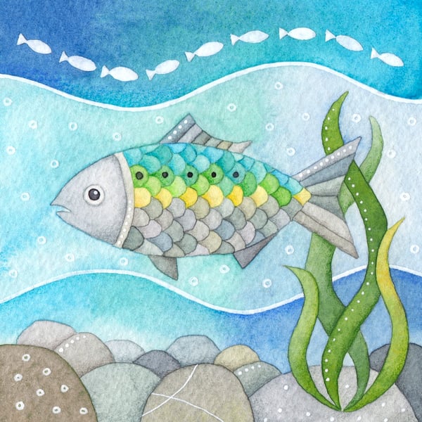 Fish Framed Print. Cute Seaside Watercolour Art Painting. Coastal Nautical Decor