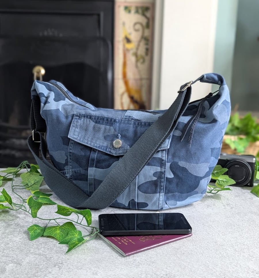 Camo Print Cross Body Bag - Recycled Jeans Cross Body Sling or Dumpling Bag