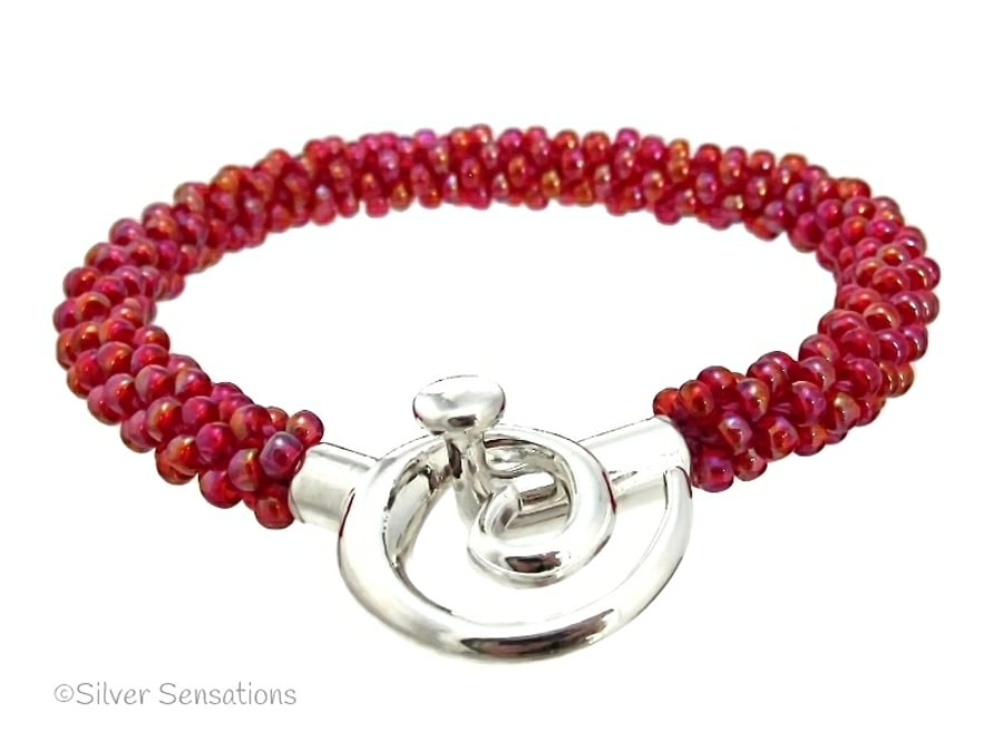 Rainbow Raspberry Red Woven Kumihimo Seed Bead Bracelet