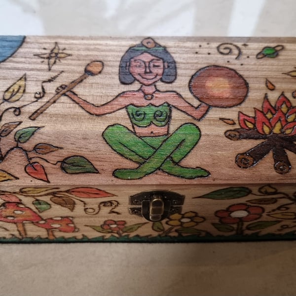 Wooden box hand painted felt  lined box tarot cards, trinket Drumming Goddess