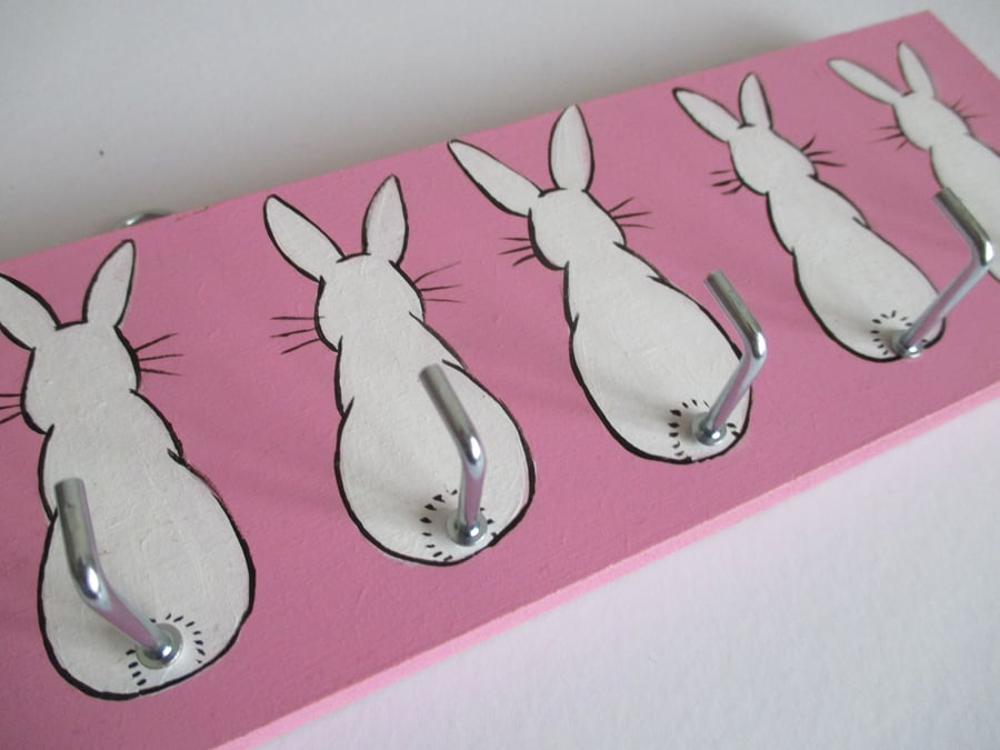 SALE Pink and White  Bunny Rabbit Key Holder Hook Rack Original Painting