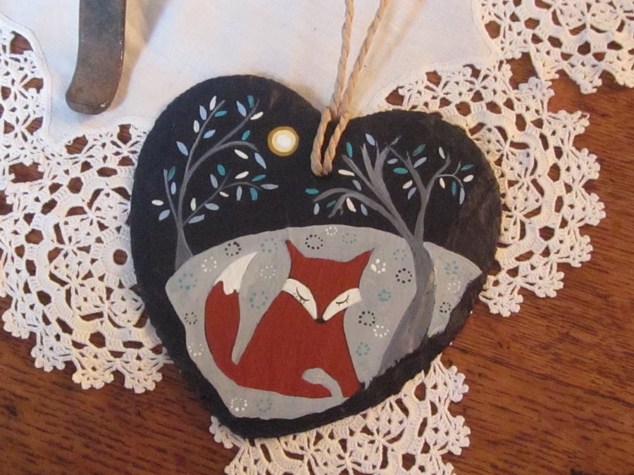 Slate Hanging Heart..Original painting of  fox in landscape