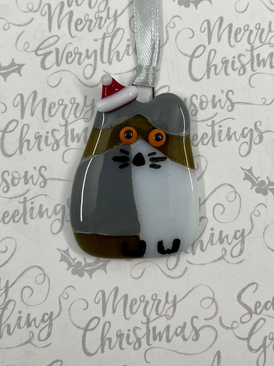 Large Handmade Fused Glass Cat Hanging Christmas Decoration 