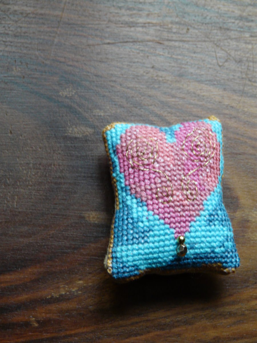 Hand Cross Stitched Heart Pincushion