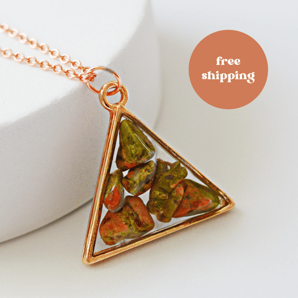 Unakite Rose Gold plated Triangle Worry Stone Necklace - Free Postage