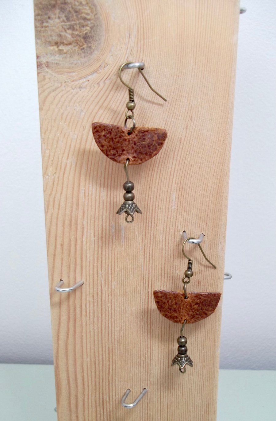 Leather and Metal Bead Dangle Drop Earrings Boho Chestnut Brown 